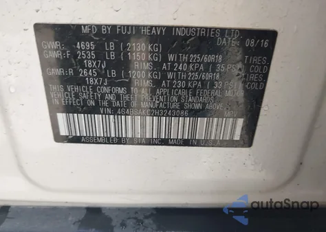 2017 Subaru Outback 2.5I Limited from USA, damaged, VIN 4S4BSAKC2H3243086